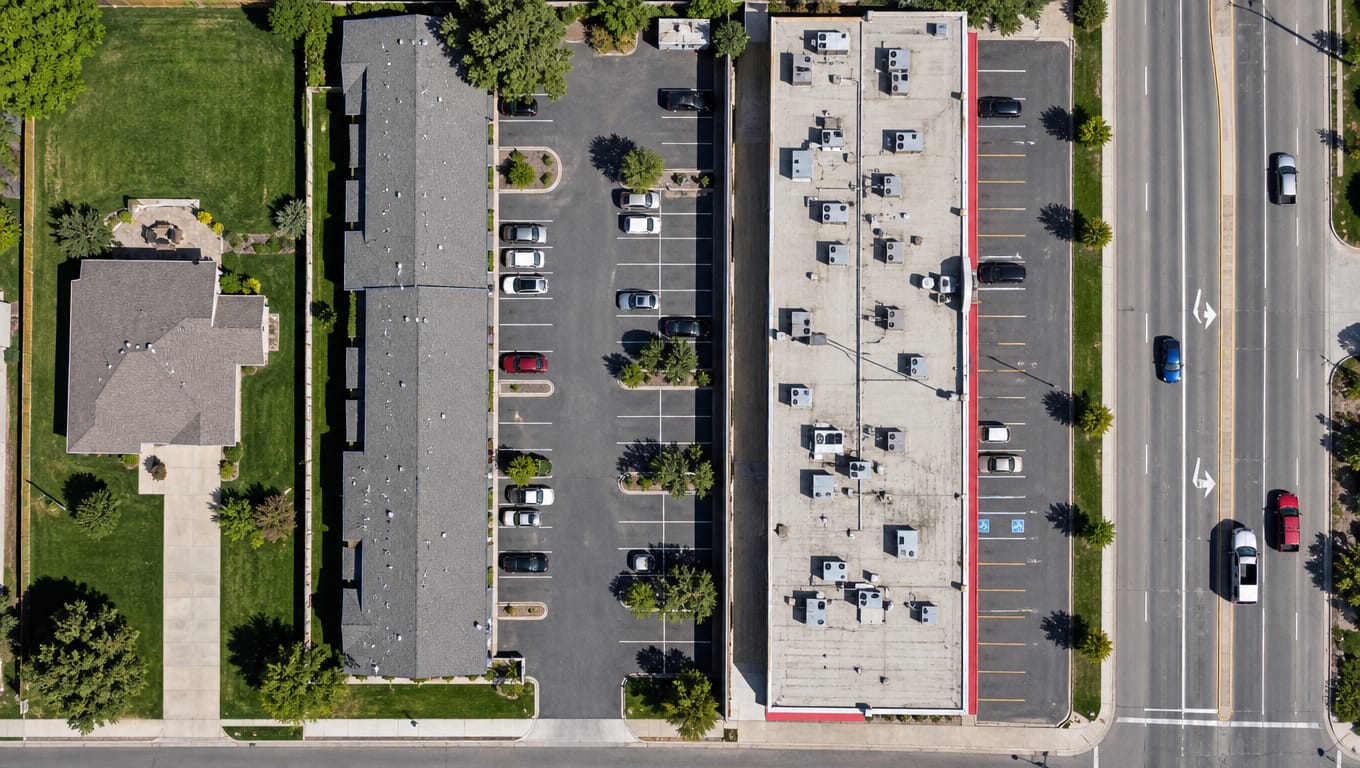 Aerial view showing single-family residential, multi-family, commercial, and transportation land uses illustrating Bexar County impervious cover targets