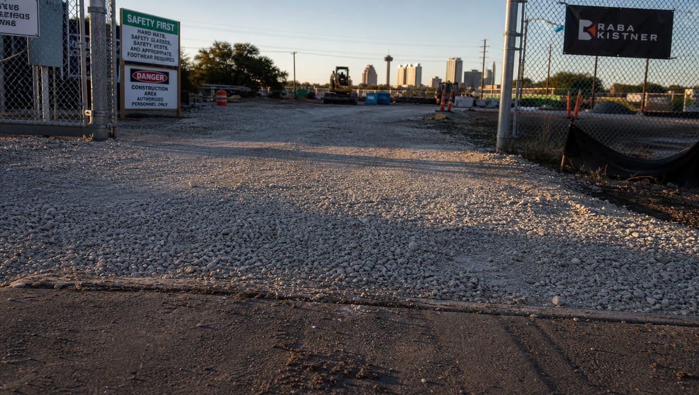 Stabilized construction exit gravel pad at San Antonio job site entrance, the first checkpoint during a SWPPP inspection