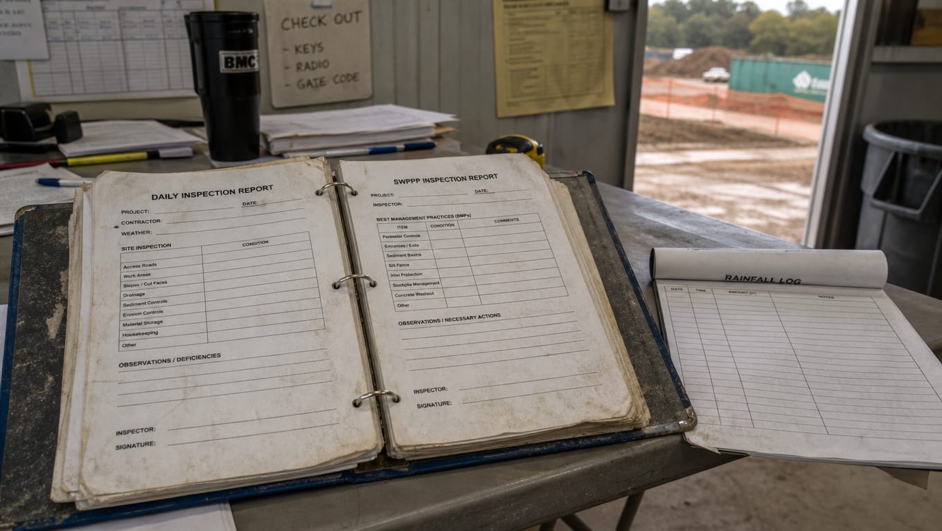 SWPPP documentation binder with incomplete inspection records and missing corrective action log entries on a construction site