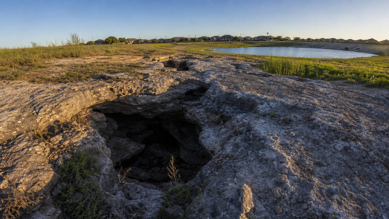 Limestone karst sinkhole near Edwards Aquifer recharge zone showing direct surface-to-groundwater drainage pathways requiring basin liner