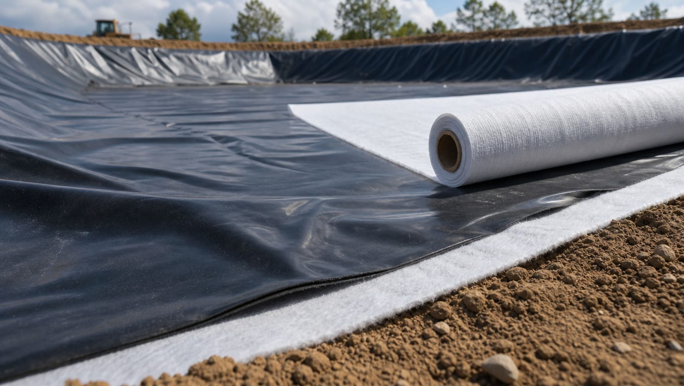 Geomembrane liner with geotextile fabric layers installed in stormwater basin over Edwards Aquifer recharge zone