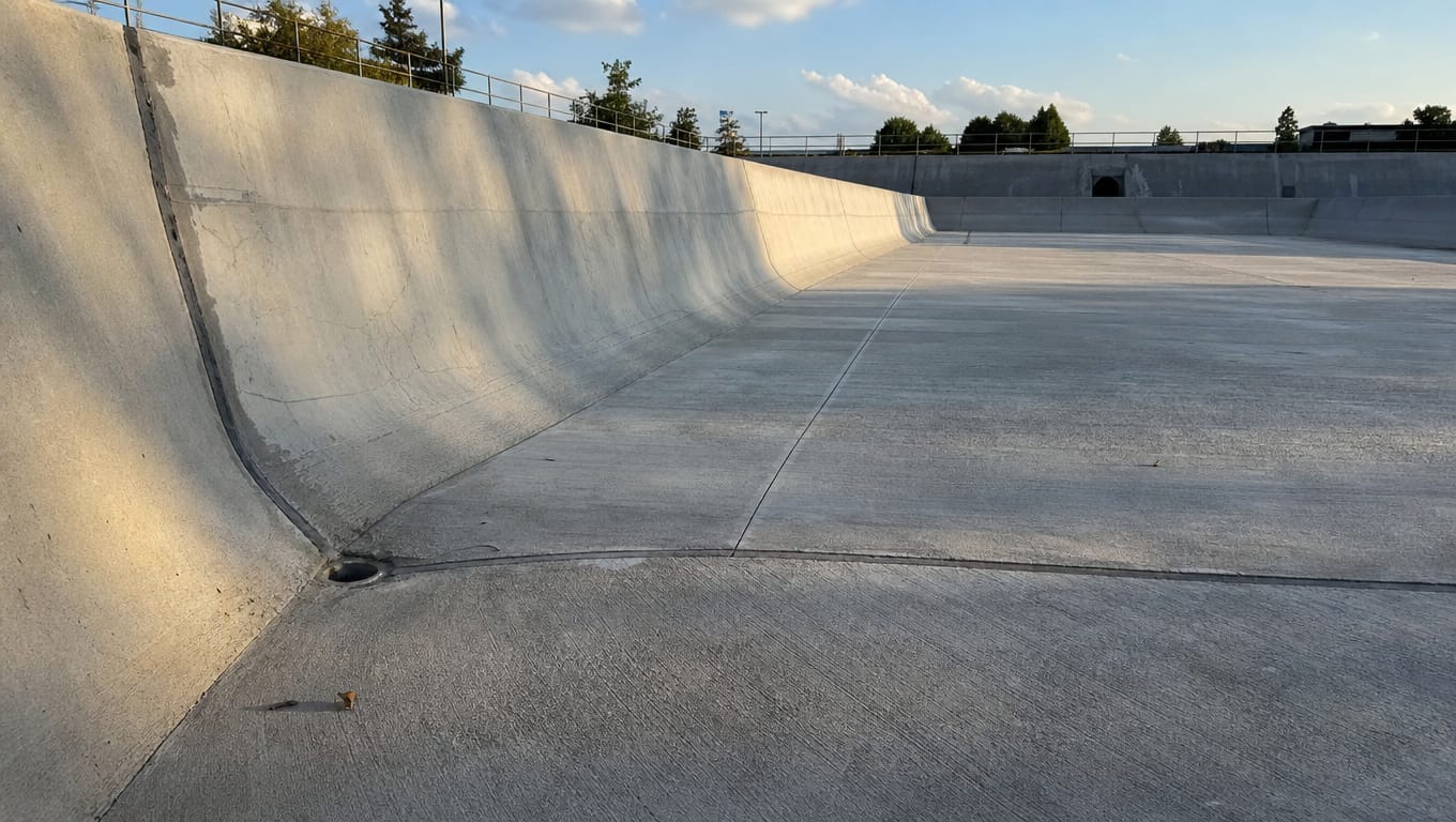 Concrete liner in a stormwater basin showing expansion joints and penetration detail over Edwards Aquifer recharge zone