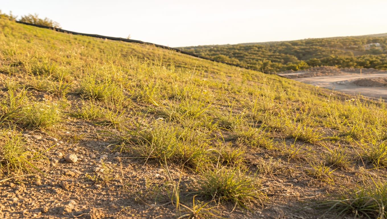 Revegetated construction site slope showing 70% native vegetative cover density with uneven distribution and bare soil areas for final stabilization assessment