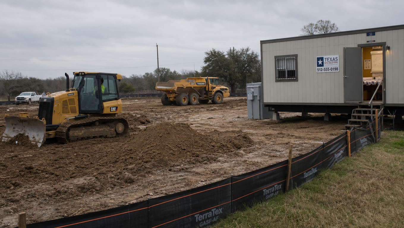 Active construction site showing grading equipment and site trailer illustrating primary and secondary operator control zones under TCEQ permit rules