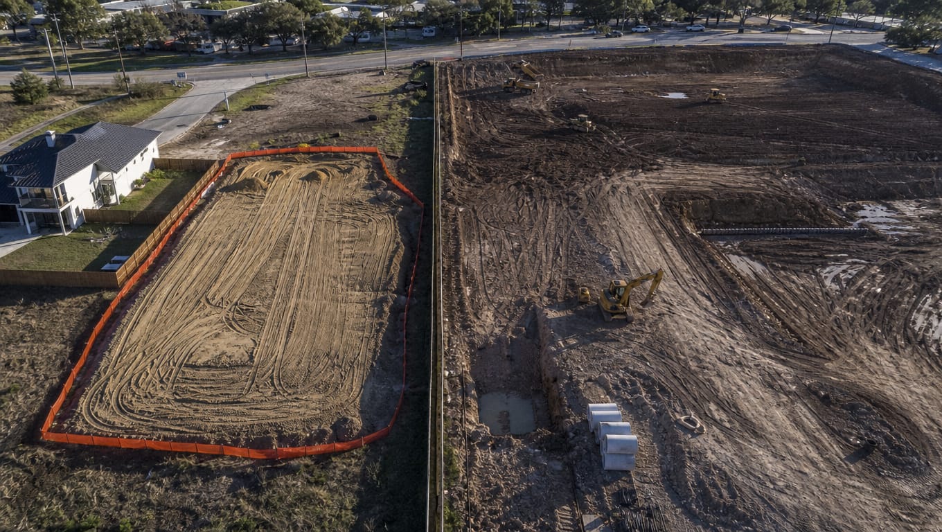 Aerial view comparing small and large construction sites in Texas showing graded land, silt fencing, and excavation scale differences