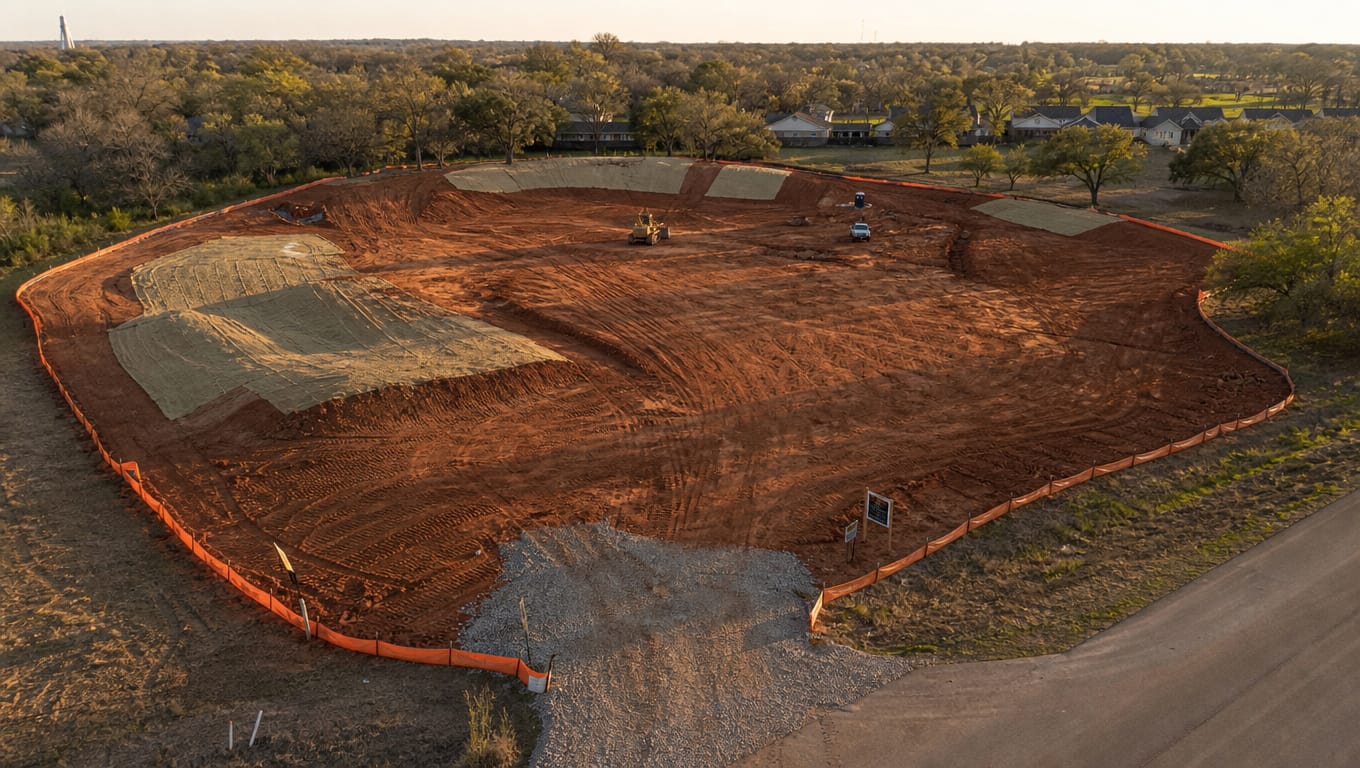 Small construction activity site under 5 acres with silt fence and erosion controls on disturbed Texas soil