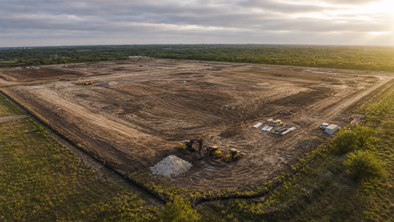 Large construction activity site over 5 acres with bare graded earth and perimeter silt fencing requiring TCEQ NOI permit filing