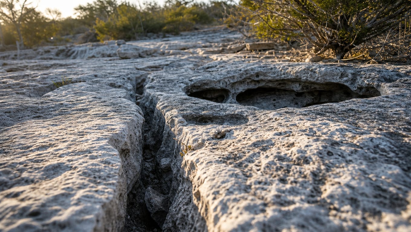 Fractured Edwards Aquifer recharge zone limestone with visible cracks and karst cavities where stormwater enters San Antonio drinking water supply