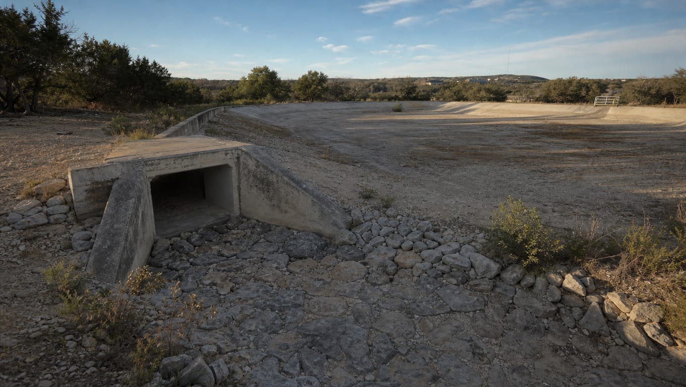 Permanent stormwater detention basin on Edwards Aquifer Recharge Zone requiring quarterly SAWS WPAP inspection