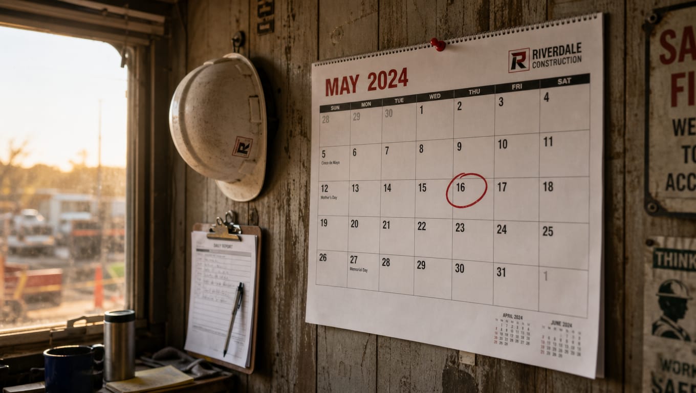 Weekly calendar pinned to construction site trailer wall illustrating 7-day alternative SWPPP inspection schedule in Texas