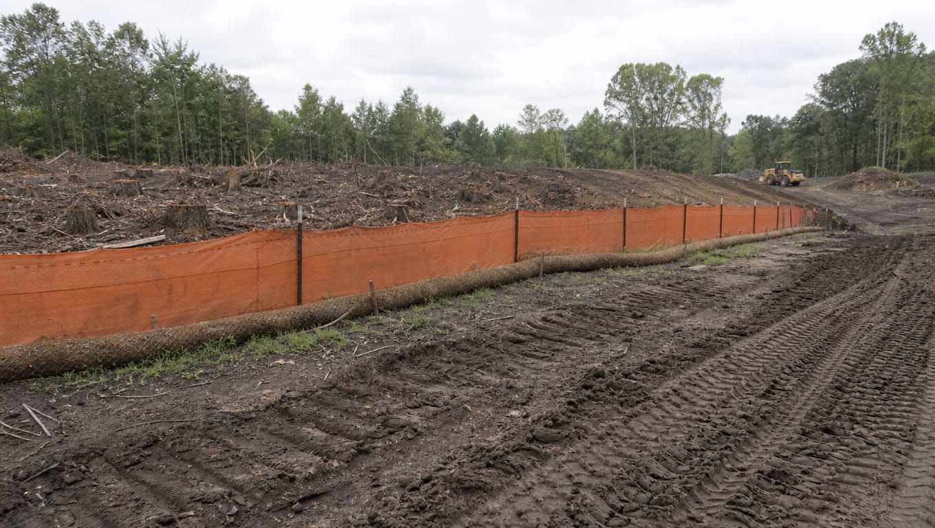 Perimeter silt fence installed before clearing and grubbing begins on construction site with disturbed soil and stumps