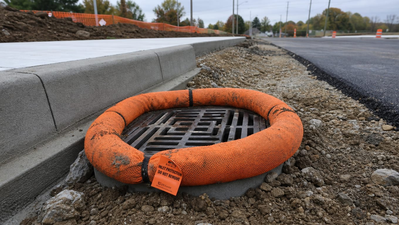 New storm drain inlet with filter sock protection during utilities and paving phase of construction site SWPPP compliance