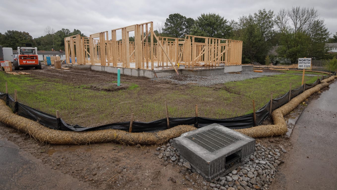 Vertical construction phase with inlet protection and early stabilization seeding visible on active SWPPP-managed construction site