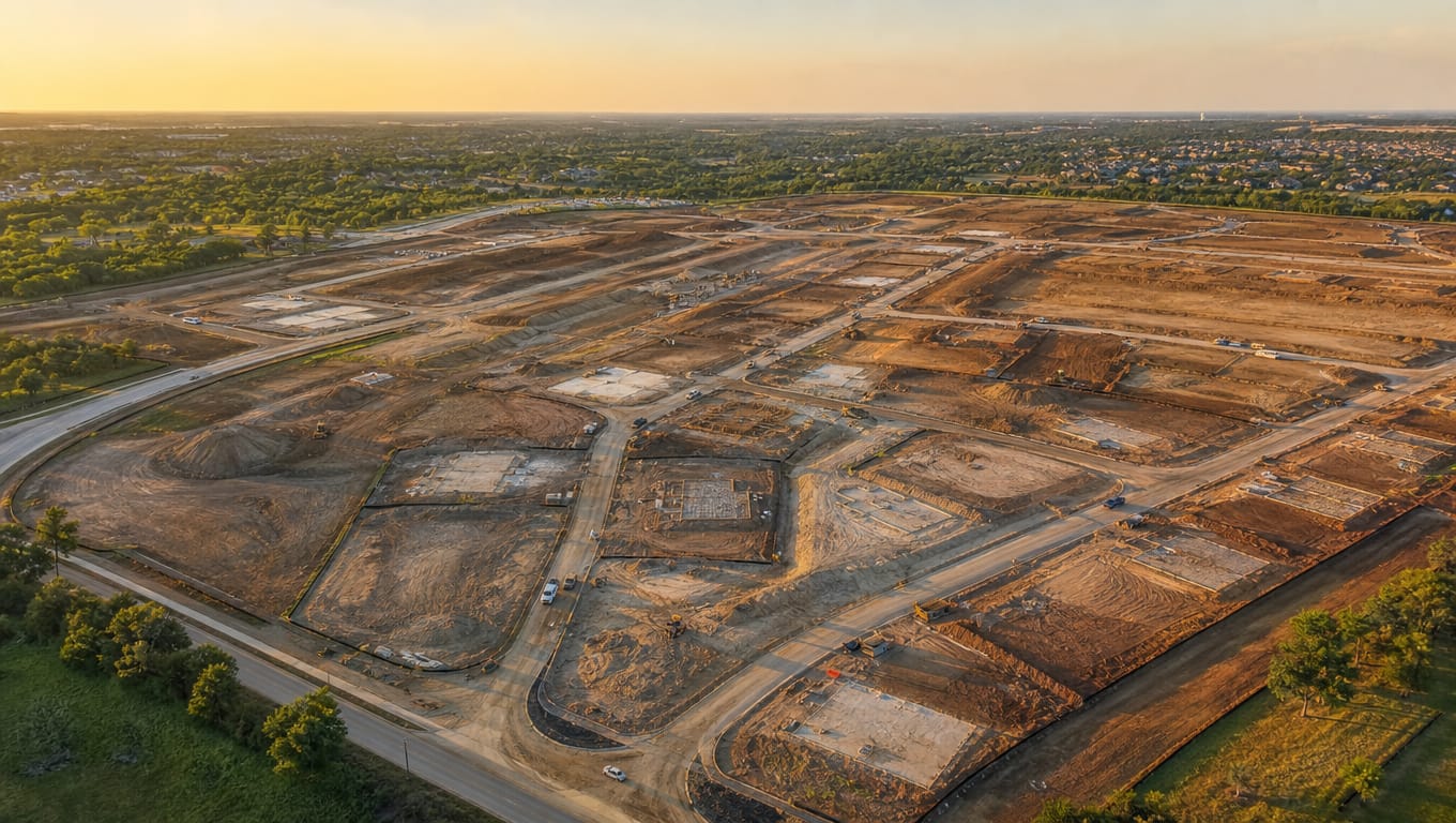Aerial view of Texas subdivision construction site showing multiple disturbed lots within a larger common plan of development, relevant to SWPPP acreage triggers
