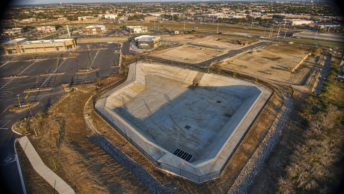 On-site stormwater detention basin at a San Antonio commercial development site under UDC 35-504 requirements