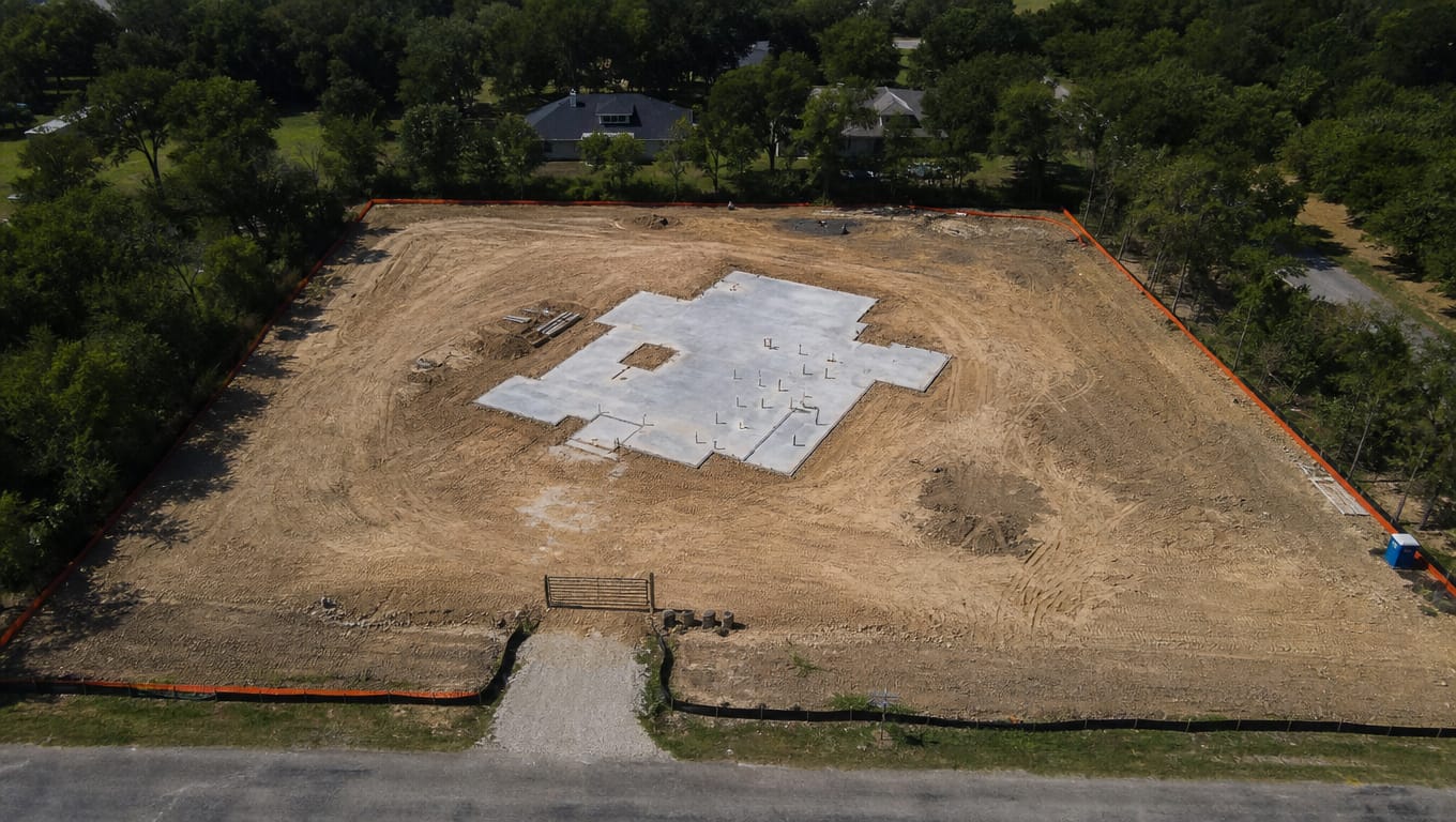 Cleared Texas construction site showing full parcel soil disturbance beyond building footprint, illustrating the one-acre SWPPP trigger