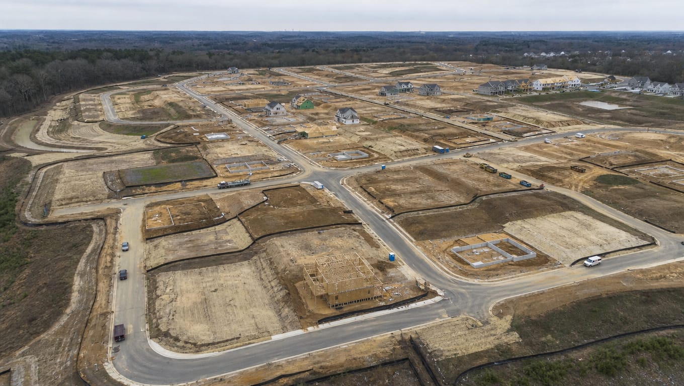 Sub-acre homebuilder lot inside a large residential subdivision under construction, showing common plan development regulated by SWPPP rules