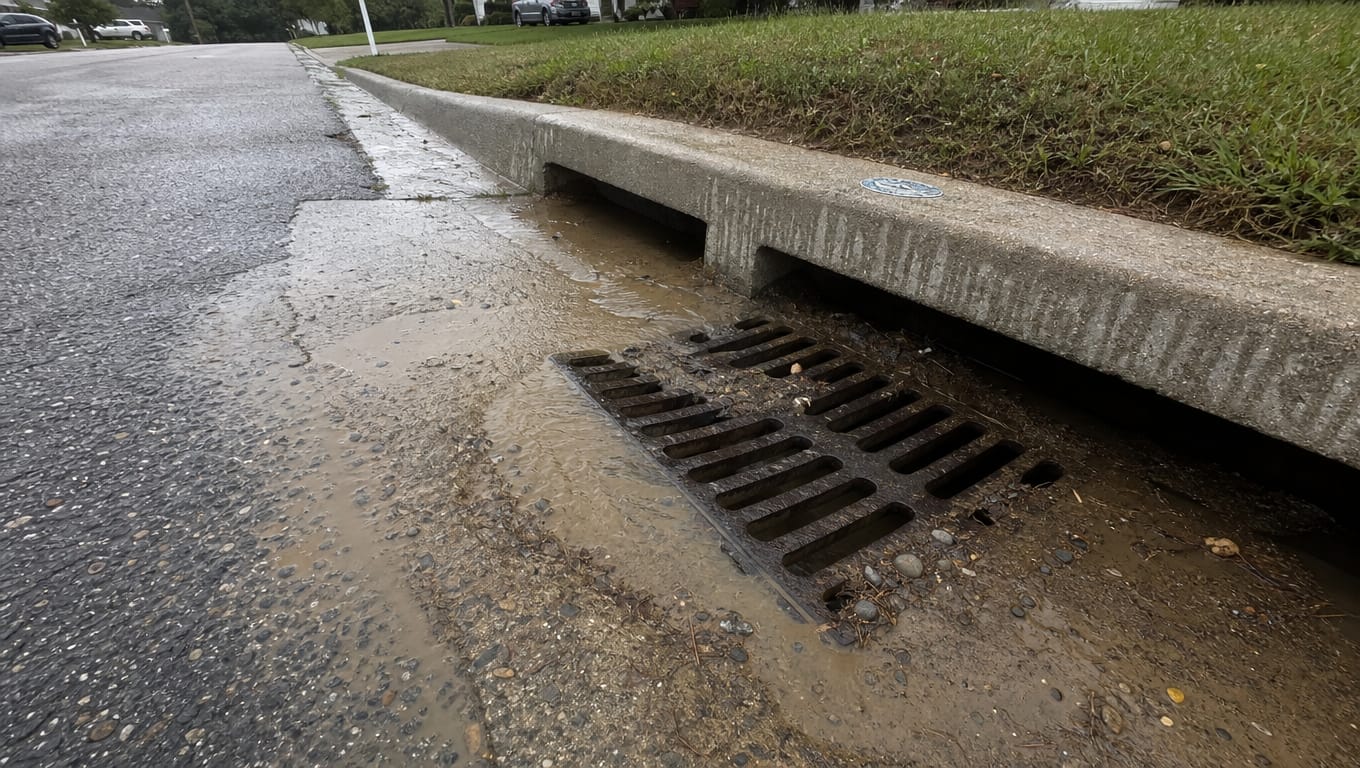Muddy stormwater runoff flowing into a street storm drain inlet, illustrating how construction sites discharge to surface water
